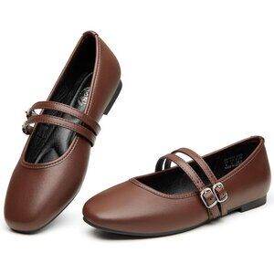 Trary Women Dark Brown Polyurethane Square Toe Slip On Buckle Strap Ballet Flats